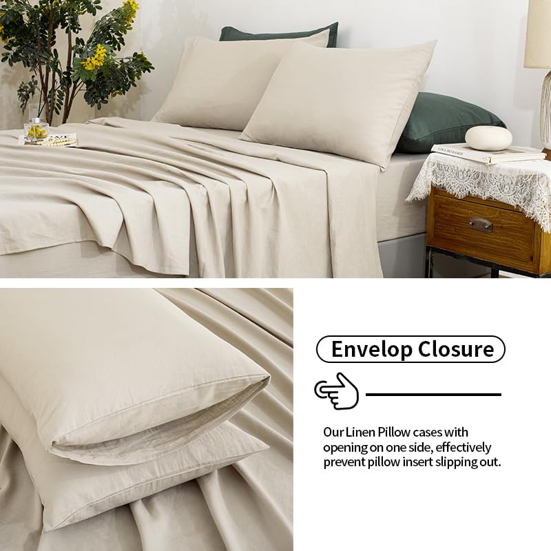 TUMEI Bedding 100% Linen Sheets California King  4Pcs Linen Sheets Set Cal King Soft Durable Deep Pocket Fitted Sheet & Flat Sheet & 2 Pillowcases  Natural Linen California King Size - Image 4